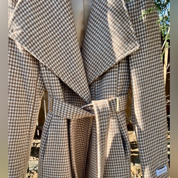 Calvin Klein Wool Shawl Coat women houndstooth M belted plaid khaki cream trench - Picture 9 of 13